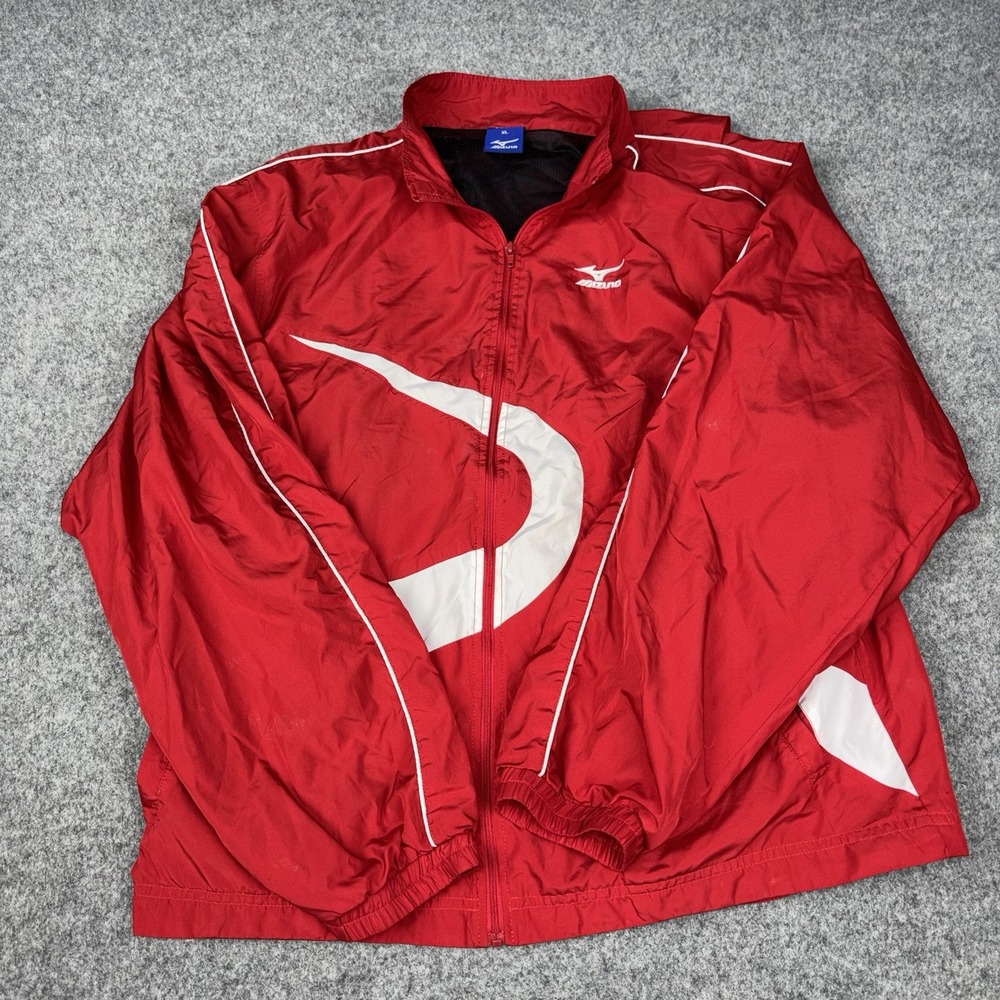 Mizuno Windbreaker Jacket Mens XL Full Zip Athletic Track Running Red White Gym - Picture 2 of 13